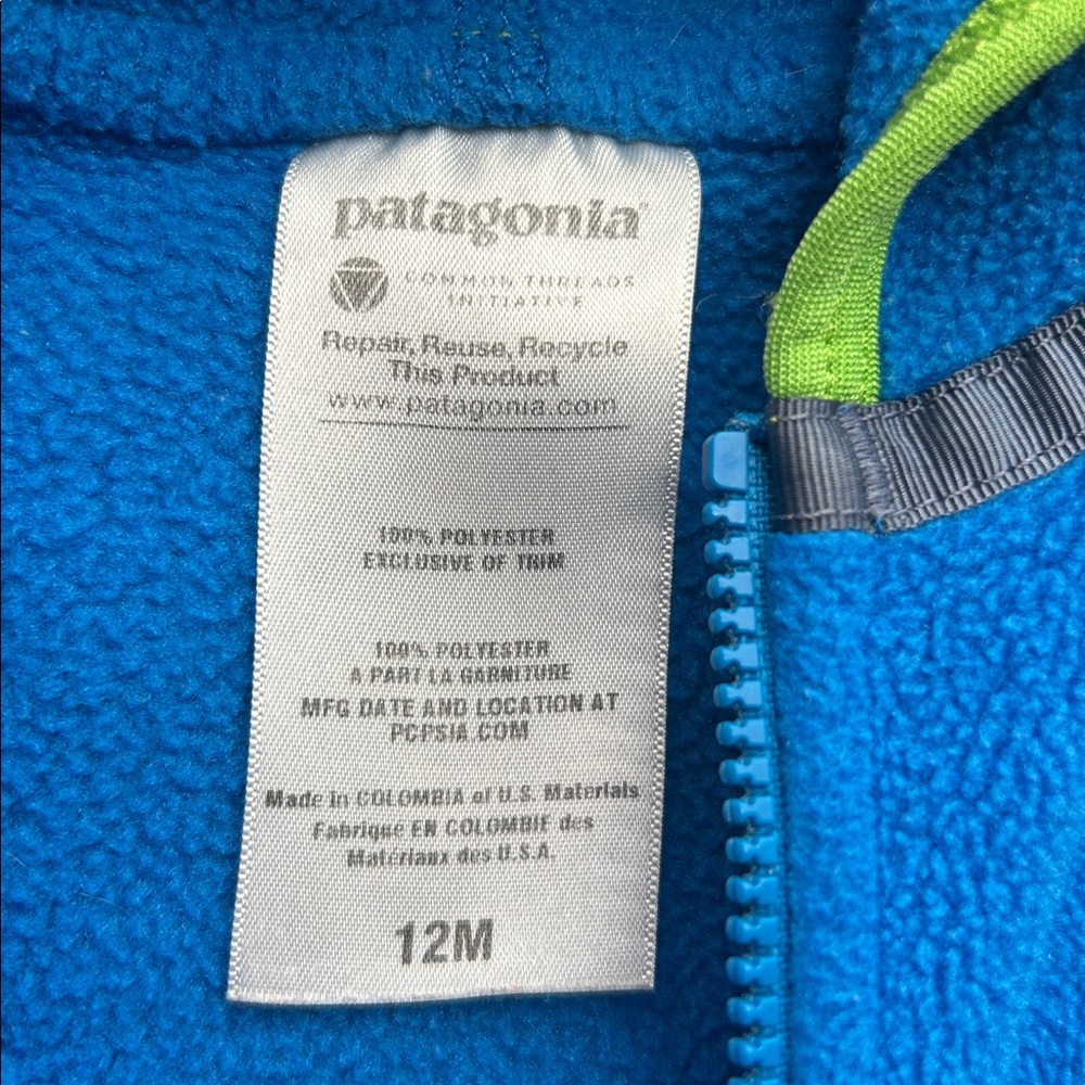 Patagonia Baby Boy Bright Blue Synchilla Fleece Jacket Lime Accents Size 12M - Picture 2 of 5